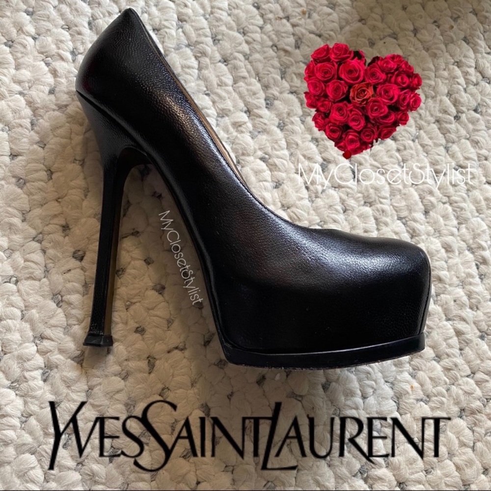 YSL YVES SAINT LAURENT Black Leather Tribtoo Platform Pumps!! 6.5 Near New EUC
